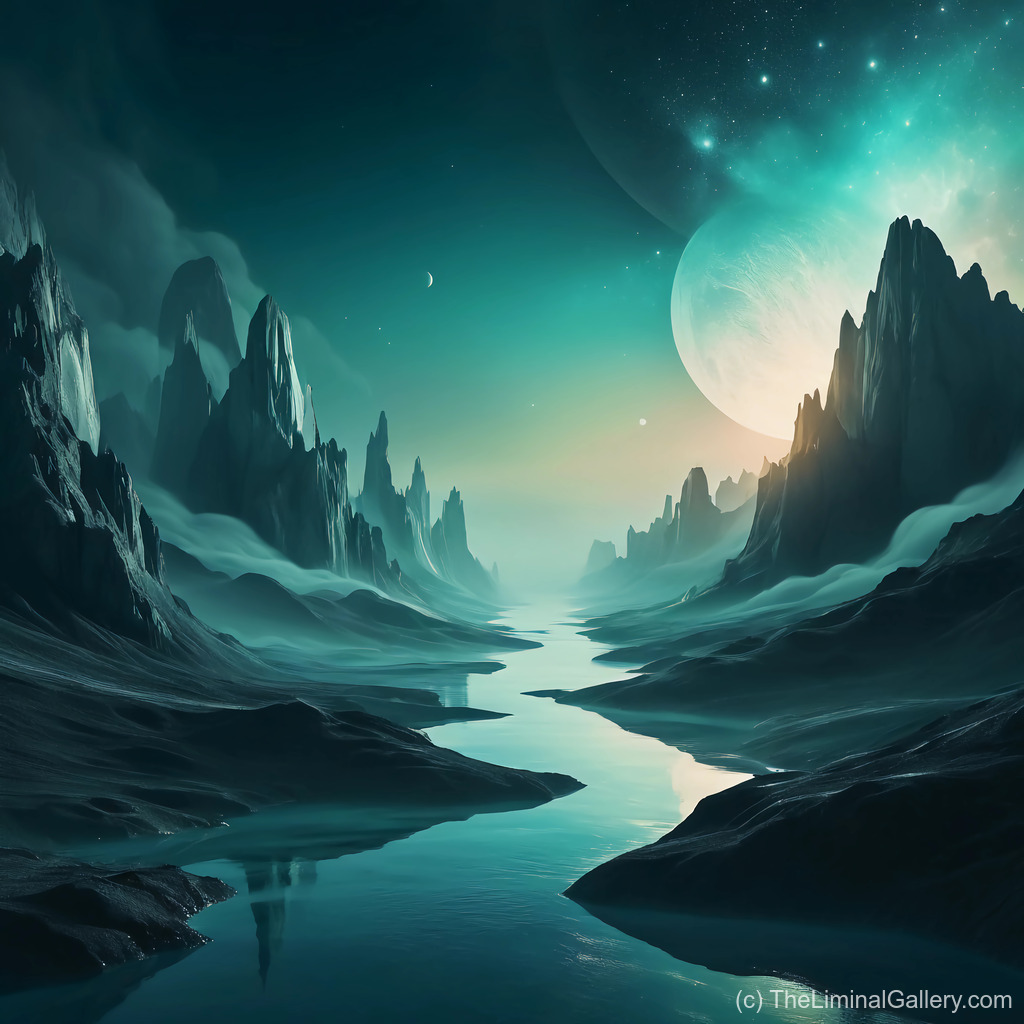 A celestial river flows through surreal alien peaks, capturing the grandeur of an unearthly expanse and boundless imagination.